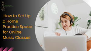 A woman holding an instrument attending an online music lesson on a laptop at home.